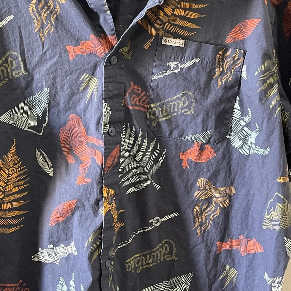 COLUMBIA MENS blue  button down camping print short sleeve shirt with print XXL - Picture 2 of 8